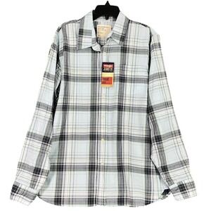 Wrangler Shirt Mens L Blue True Fit Premium Cotton Plaid Business Casual Chore